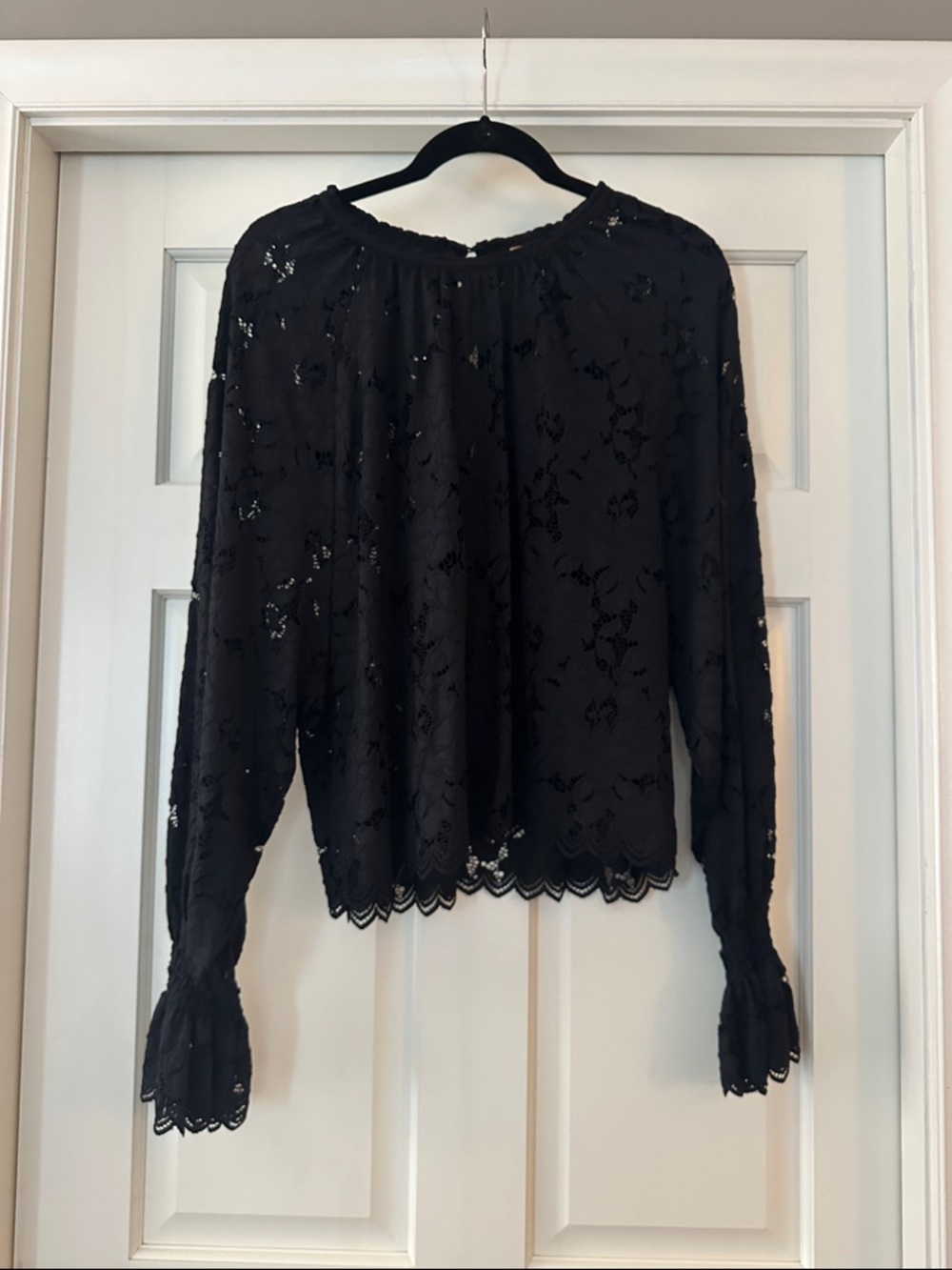 Free People Black Floral Lace Peasant Sleeve Blouse